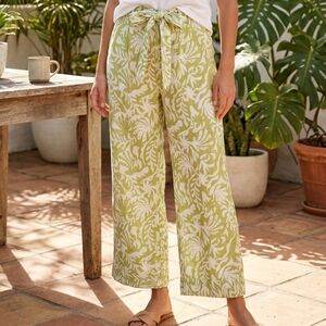 Rachel Zoe Sage Green and White Botanical Tie-Waist Wide-Leg Pants